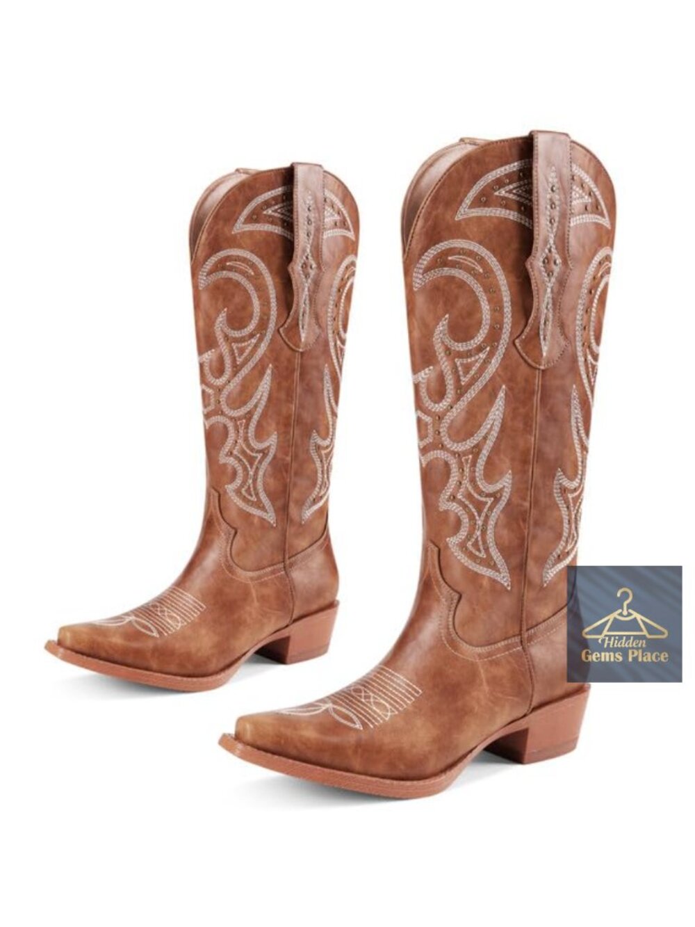 Women's Knee High Cowgirl Boots Square Toe Chunky Heel Embroidered Studs Faux